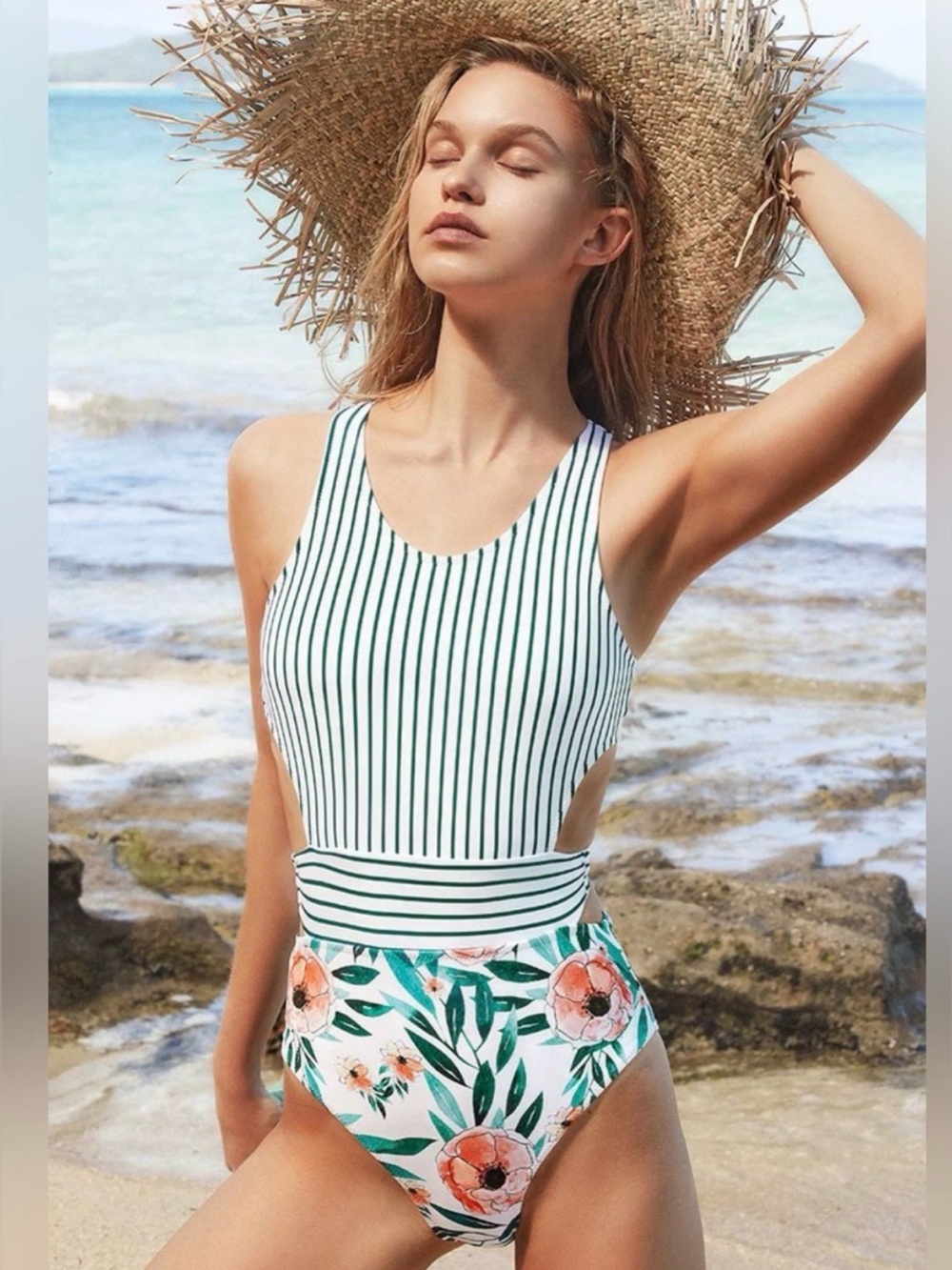 NWT CUPSHE Miss U Poppy One Piece‎ Swimsuit XL Floral Stripe Cutout Tie Waist